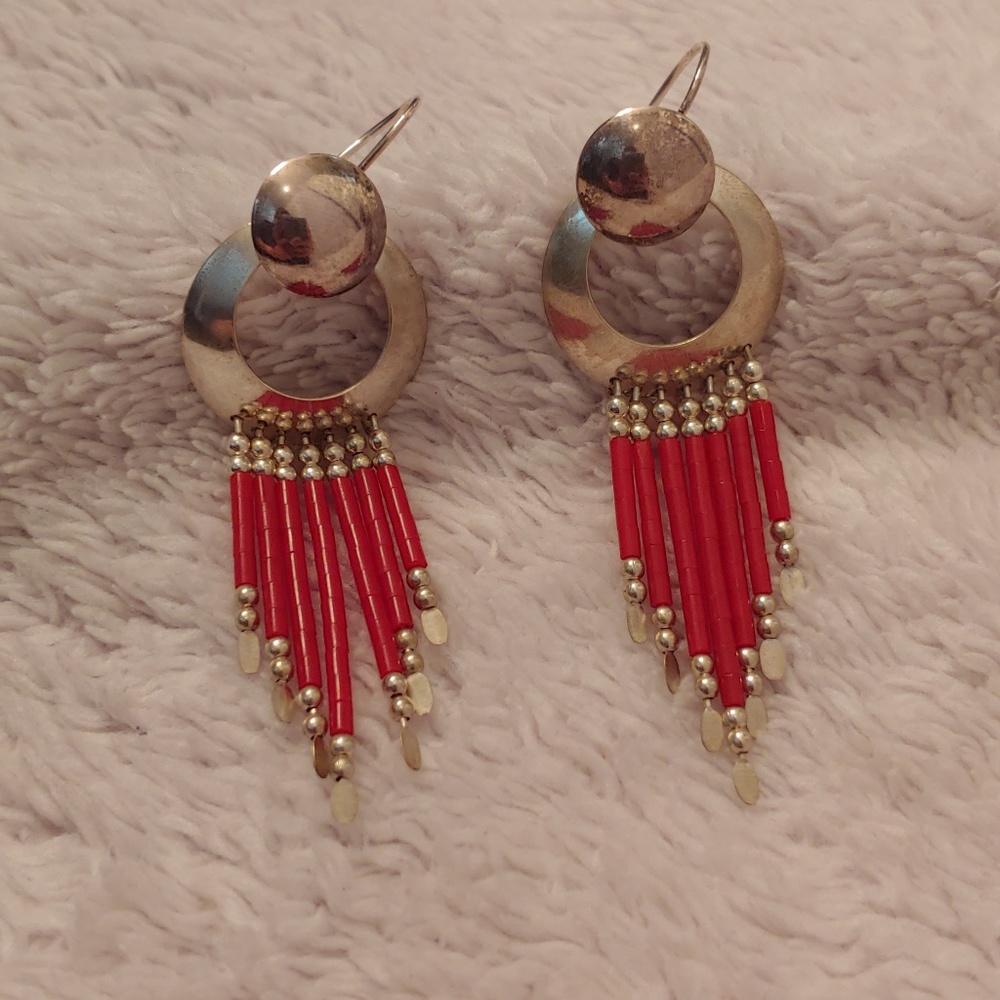 Silver and red beaded earrings